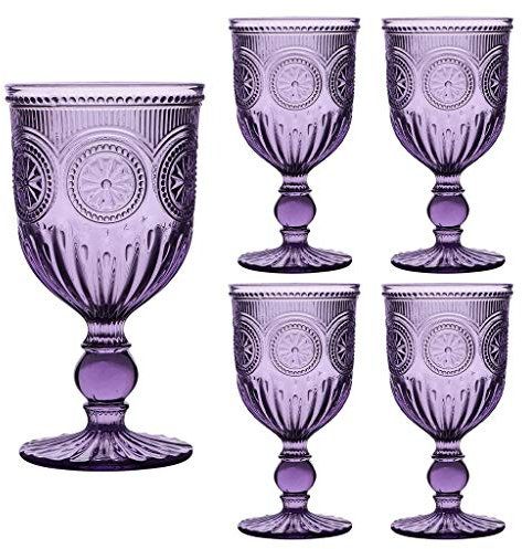 Purple Wine Goblet Set Embossed 300ml Wine Glasses Dishwasher Safe