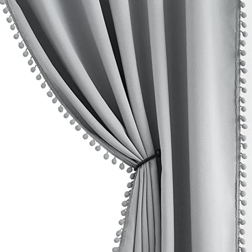 Grey Pom Pom Blackout Curtains 50 x 54 Inch Drop for Bedroom, 1 Pair | 2 Panels, Boho Pencil Pleat Window Drapes for Living Room Laundry Room, Thermal Insulated, Energy Saving, Room Darkening