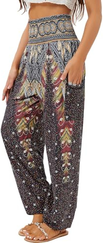 QIANXIZHAN Damen Haremshose, High Waist Yoga Boho Hose mit Taschen Black Flower L