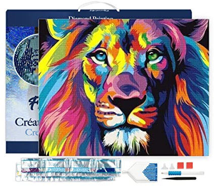 Figured'Art Diamond Painting Erwachsene 40x50cm Mit Rahmen Ganze Leinwand gespannt Pop Art Löwe 5D Bilder Eckige Steine - DIY Set Basteln