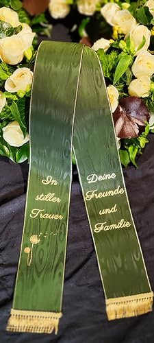 Gesteck Schleife, Grabschleife, Trauerschleife, Kranzschleife Bedruckt (100 mm für Strauß oder Gesteck, dunkelgrün)