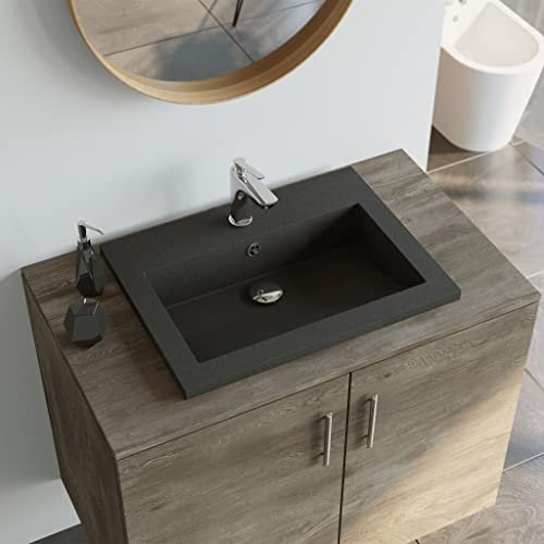 Rillbus Waschbecken Granit, Aufsatzwaschbecken mit Überlauf Schwarz, Waschtisch Handwaschbecken für Badezimmer, 60x45x12cm