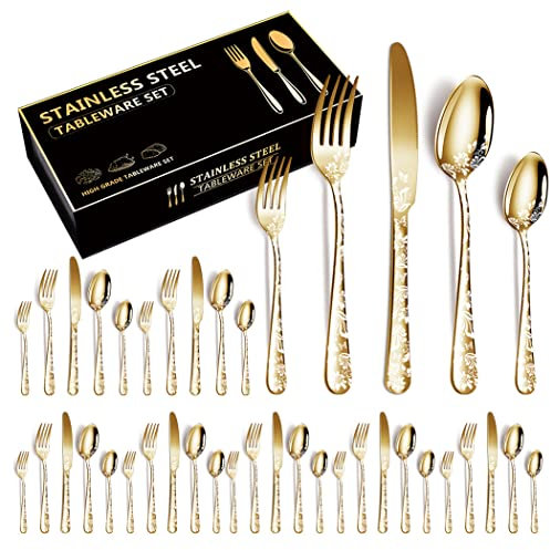XIAOYU 40-teiliges Besteckset Aus Edelstahl, Service Für 8 Personen, Einzigartiges Musterdesign, Inklusive Menümesser/Gabeln/Löffel, Hochglanzpoliert, Gold