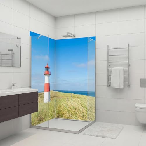 dedeco 2tlg. Eck-Duschrückwand Leuchtturm V2, 100x200cm Alu 3mm classic | Wasserfeste Duschrückwand, Alu-Verbundplatte classic – fugenlos, pflegeleicht, Fliesenersatz, Made in Germany