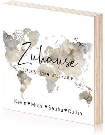 Zuhause Koordinaten Holzbild Einweihungsgeschenk zum hinstellen aufhängen mit Spruch auf Holz als Geschenk-Idee zum Hausbau Einzug Einweihung Richtfest Wand-Bild (Nature Beige)