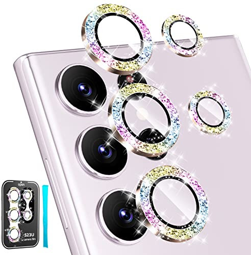 imluckies Glitzer Kameraschutz für Samsung Galaxy S23 Ultra 6,8 Kamera Linse Schutzfolie, Bling Aluminiumlegierung Rand & Ultra HD Gehärtetes Glas, 9H Härte Anti-Kratz Camera Protection, Bunt
