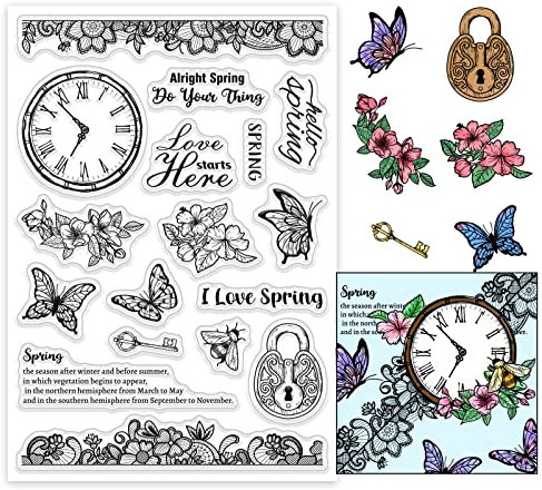 PandaHall Klare Stempel, Transparente Frühlingsblumen Stempel Schmetterling Silikonstempel Gummistempel für St. Patrick's Kartenherstellung Journaling Fotoalbum Journal Scrapbooking, 11x16cm