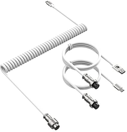 ATTACK SHARK Custom C04 2 in 1 Coiled USB C Cable,USB-A to Type-C/Type-C to Type-C with 5 Pin Detachable Metal Aviation Plug,Double Sleeve Spiral Extendable TPU Cable for PC/Keyboard/Mouse/Phone-White