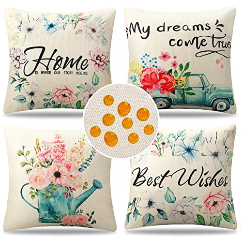 wasserdichte Kissenbezug 40x40 cm Sommer Outdoor Sofakissen Dekokissen Leinen Kissenhülle Blumen Kissenbezüge für Sofa Balkon Terrasse Patio Garten Bauernhaus Wohnzimmer Schlafzimmer 4er Set