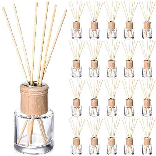 Roshtia 20 Set Reed Diffuser Bottle Empty Refillable Fragrance Glass Diffuser Bottles Set with Wooden Caps Rattan Sticks 50ml 1.7 oz Round Glass Jars for DIY Fragrance