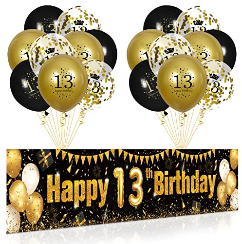 13. Geburtstag Party Deko für Junge Mädchen Schwarz Gold, Luftballons 13. Geburtstag Banner Schwarzes Gold und 18 PCS 13. Happy Birthday Konfetti Ballons für Deko Jubiläum Geburtstagsparty Dekoration