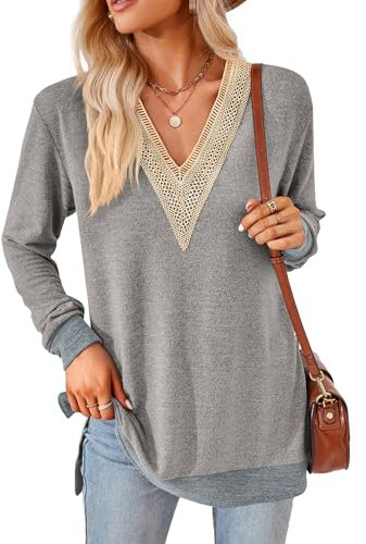 iChunhua V Neck Long Sleeve Tunic Tops for Women UK Ladies Long Sleeve Tops Size 16 Light Grey XL
