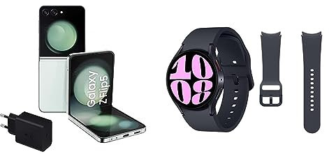 SAMSUNG Galaxy Z Flip5, 256 GB + Cargador 45W - Teléfono Móvil Plegable, Verde Claro Galaxy Watch6 4G LTE, 40 mm + Correa de Recambio - Smartwatch, Negro (Versión Española)