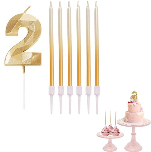 2nd Birthday Candle Gold Number 2 Candle for Birthday Cake with Gold Long Candles, Gold 2 Candle for Cake Birthday Cake Topper Decorations for Girls Boys Birthday Wedding Anniversary Party