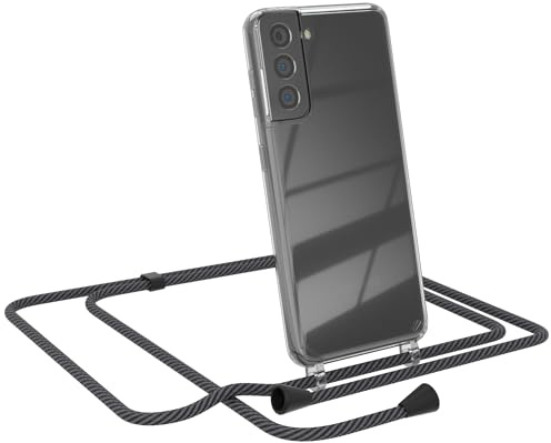 EAZY CASE - Handytasche zum Umhängen - kompatibel mit Samsung Galaxy S21, Handyhülle mit Band, Transparent Kameraschutz und Bildschirmschutz, Handy Lanyard in Schwarz/Anthrazit mit Clips Schwarz