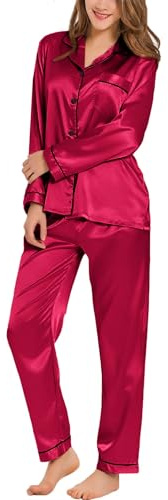 SWOMOG Women's Pyjama Set Silk Satin Long Sleeve Button Down Pyjamas Two Piece Comfy Sleepwear and Loungewear Set Vermilion