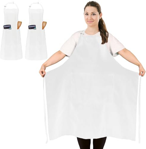 FunChaos 2 Pcs Grande Talla Delantales de Chef, Blanco Delantal, Unisex Delantales con 2 Bolsillos para Cocinar, BBQ, Trabajo, Profesional Delantal para Camarero, Pintor (Grande Tamaño)