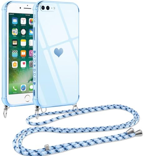Vauki Handykette für iPhone 8 Plus/iPhone 7 Plus Hülle mit Band, Silikon Handyhülle Herz Love Muster mit Kette, Schutzhülle zum Umhängen Kordel TPU Stoßfest Bumper Case für iPhone 8 Plus, Blau