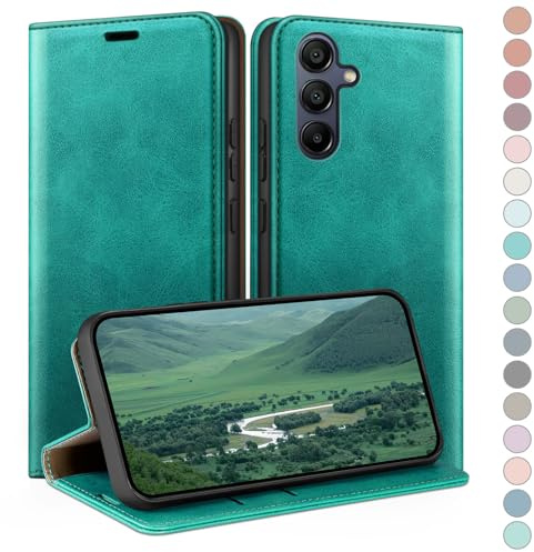 HUOUH für Samsung Galaxy A14 5G 4G Hülle mit RFID Schutzhülle aus Lederhülle Handyhülle,360 Grad Schutz Case,Kartenfach Leder ständer Handy hülle für Samsung A14 Klapphülle Wallet Cover Blaugrün