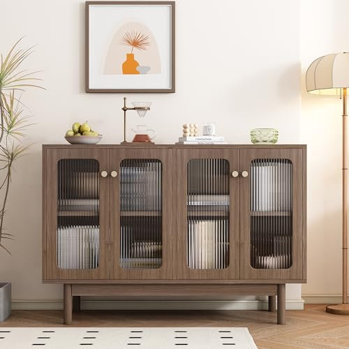 Kehun Sideboard Braun für Wohnzimmer und Esszimmer, Eckschrank Buffetschrank Küche 120x40x82 cm mit 4 Glas Türen und 2 Stauraum Regal, Glasvitrine mit Verstellbare Einlegeböden