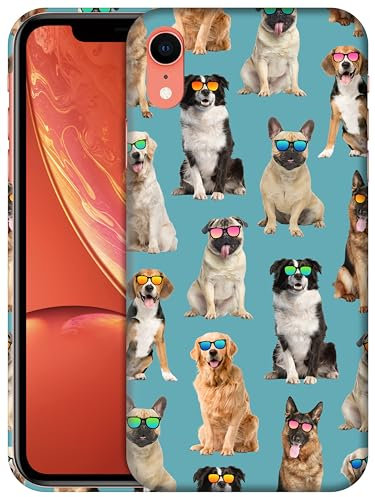 GlamCase for iPhone XR, iPhone XR Case - Dog Pattern With Sunglasses Teal Design Printed Slim Fit Cute Plastic Hard Protective Designer Back Phone Case/Cover for iPhone XR.
