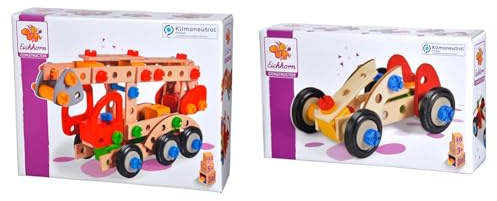 Eichhorn 100039085 - Constructor Feuerwehrauto, 155 TLG., Holz-Konstruktions-Set & 100039016 - Constructor Rennauto, 50-TLG., Holz-Konstruktions-Set