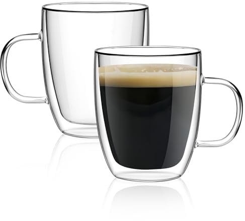 SCJHMY Double Wall Insulated Glasses Mugs (Set of 2),Coffee Mugs,Tea Cups,Drinking Glassware for Cold or Hot Drinks 350ML with Handle