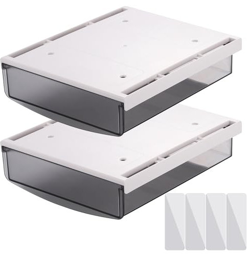 2PCS Under Desk Drawers No Drill, Durable ABS Material Under Desk Storage Drawers No Tool, Clear Under Table Storage Adhesive Drawer for Pen Container, Stick on Drawer Under Desk for Office School
