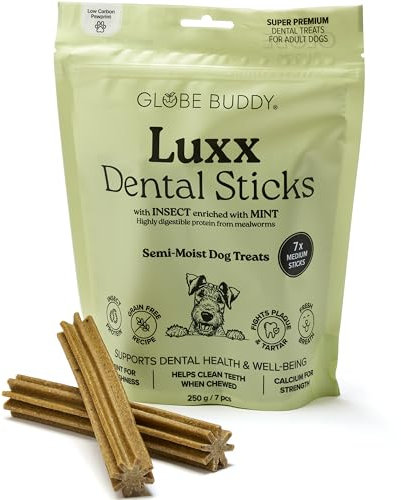 Globe Buddy Luxx Dental Sticks, 250g | Zahnpflege für Hunde | Getreidefreie Kaustangen mit Insektenprotein und Minze | Weniger Plaque & Zahnstein | Hundeleckerli in Premium Qualität | 7 Sticks