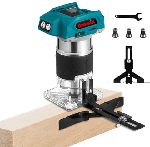 ONEVAN Fresa a batteria per Makita da 18 V, senza spazzole, fresatrice per bordi con una sola mano, batteria Katsu Tools per la lavorazione del legno, con 3 pinze da 6 mm, 6,35 mm, 8 mm (senza