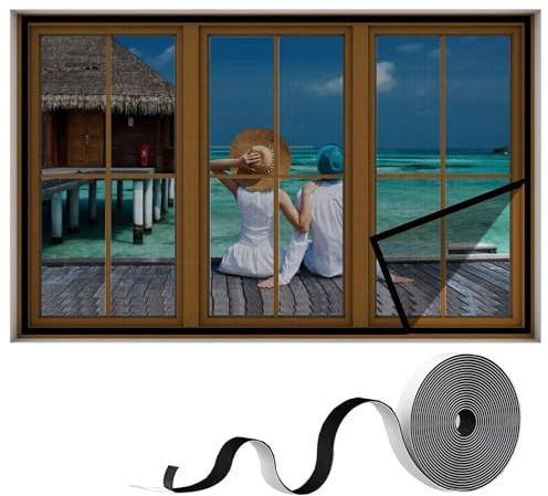 Fliegengitter Fenster,Unsichtbar Seite Öffnungs Fliegengitter für Balkontür Wohnzimmer Terrassentür,Moskitonetz Tür,Klebemontage Ohne Bohren 100x150cm,Schwarz