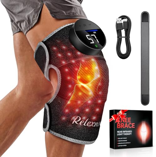 RELEXNOW Rotlichttherapie für Knie, Kniemassagegerät mit 5 Wärme und 3 Vibrationen, 660 nm 850 nm Nahinfrarot Kniebandage, kabellos, beheizte Kniebandage für Kniegelenk