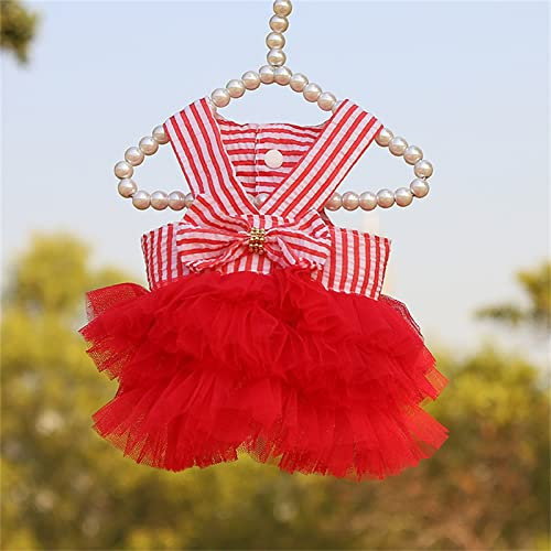 Tyuffghet Bowknot Kleid für kleine Hundemädchen Hundebekleidung Katzenbekleidung Heimtierbedarf Gestreiftes Hosenträgerkleid aus Netzstoff (red-3, S)