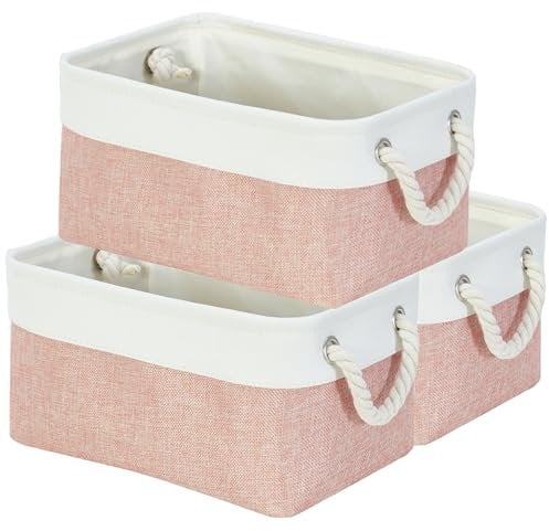 Mangata Soft Fabric Storage Boxes, Multi-Size, Rectangular Container Baskets for Shelf, Wardrobe, Toys and Clothes, 31x21x16 cm, Pink and White(Small, 3 Pack)