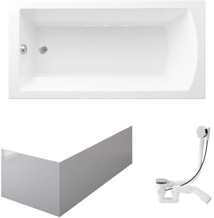 VBChome Badewanne 170x75 cm Weiß Acryl Schürze Wannenfüße Siphon Rechteckig Wanne Abfluss Design Modern Ablaufgarnitur in Chrom Badewanne mit Schürze