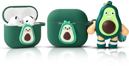 Silikon Hülle für AirPods 4 Ohrhörer(2024), XMBYGY Aufladung Stoßfeste schützende Kopfhörer Abdeckung mit Cartoon Puppe Anti-Lost Lanyard für AirPods 4th Erzeugung Drahtlose Ohrhörer (Avocado)