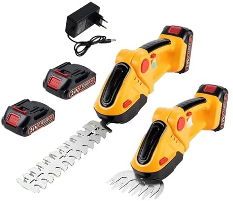 Heckenschere 24V, 2-in-1 Schnurlose Akku-Grasschere Mit 2X 2000mAh Akkus Und Ladegerät, Tragbare Gras- Und Strauchschere für Garten Und Rasen (Gelb)