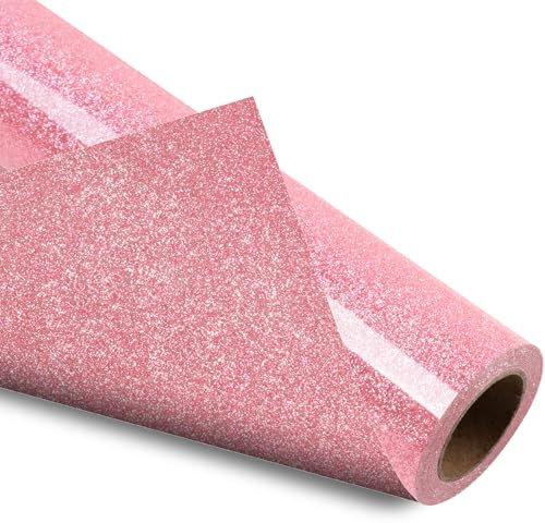 VinylRus Pink Glitter HTV Heat Transfer Vinyl Roll - 12 x 10ft Pink Glitter HTV Vinyl for T-Shirt Clothing Bags, Iron on Vinyl for All Cutter Machine - Easy to Cut and Weed