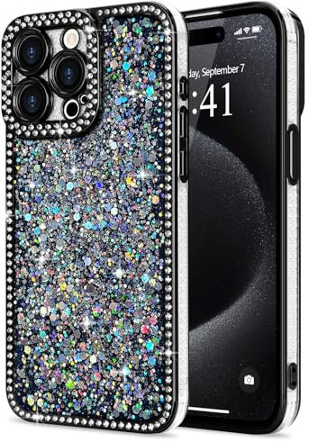 Lafunda for iPhone 15 Pro Max Case for Womens Girls, Luxury Bling Glitter Diamond Crystal Festival Shiny Case Camera Protection Shockproof Silicone TPU Phone Cover for iPhone 15 Pro Max 6.7, Black
