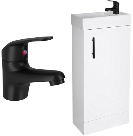 Gloss White 400mm Bathroom Vanity Basin Sink Unit & Black Tap Waste Handle Set