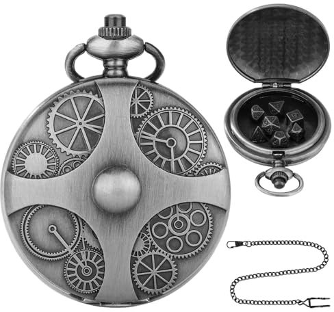 MUYAPAY 7 Stück DND WüRfel Set, Metall Dungeons and Dragons WüRfel mit Punk Steam Taschenuhrenbox, DND Dice mit Metallkette, WüRfelset für Rollenspiel, Brettspiel Zubehör, Schwarz