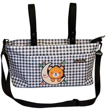 KissyMino - Bolso Carro Bebé Cuadros Vichy Pequeño, Organizador Silla de Paseo Unisex, Bolsa Carrito Maternidad, Pañalera con Cinta para Colgar, Tela Oxford Resistente (Blanco y Negro)
