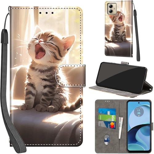 PHINIENLAND Handyhülle für Motorola Moto G14 Klapphülle Leder Wallet Katze | 3 Kartenfächer & 1 Geldfach, Magnetverschluss, Ständerfunktion, robuste premium PU leder klapphülle für Moto G14