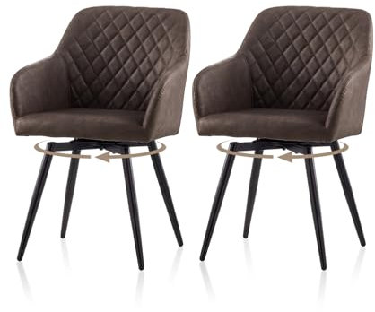 TUKAILAI Esszimmerstühle Drehbar 2er Set Kunstleder, Drehstuhl Esszimmer mit Armlehnen Rückenlehne Metallbeine,Küchenstuhl Polsterstuhl Armlehnenstuhl für Wohnzimmer Küche Schlafzimmer, Braun