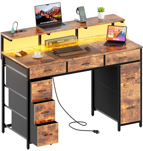 HLFURNIEU Scrivania con 8 Tessuto Cassetti, Tavolo Gaming con Presa di Corrente & Porta USB, Scrivania PC Salvaspazio con LED, Tavolo Ufficio con Supporto per Monitor (Marrone Vintage, 120 × 50 cm)