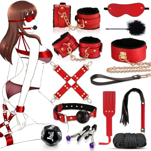 BDSM Sex Toys for Couples.Sex Bondage BDSM kit Restraints with Adjustable Handcuffs Ankle Cuffs Collar Blindfold Ball Gag,12pcs Bondage Set Adult Toys for Womens