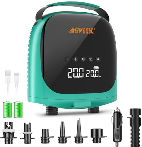 AGPTEK Paddle Board Pump Electric Sup Pump Rechargeable Battery-Powered 20PSI Portable SUP Air Pump,Auto-Off 12V DC Car Connector Electric Pump for Inflator & Deflator Stand up Paddle Boards,Boats