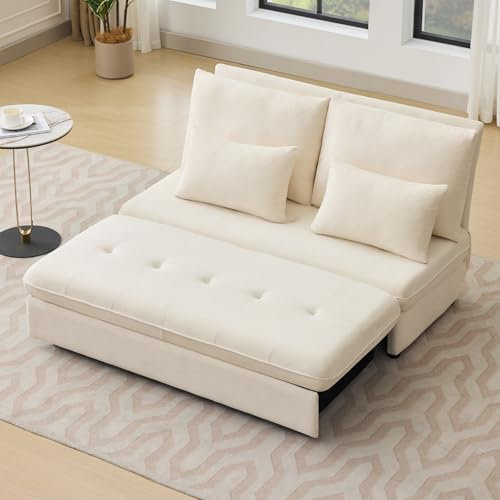Klappbares Schlafsofa mit Schlaffunktion, 2 Sitzer Sofa, Ausziehbare Klein Couch, Klappsofa, Bettcouch Schlafsofa mit Bettkasten, Kleine Sofas für Kleine Räume, Schlafzimmer 132 x 75cm (Beige)
