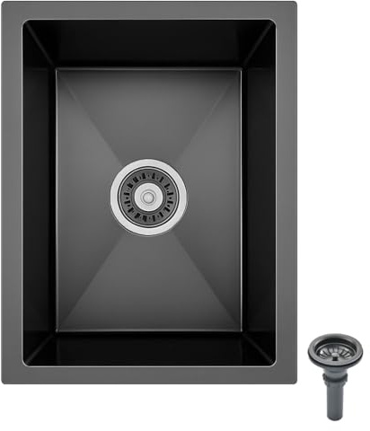 Fregadero Cocina 45 x 40 cm, Fregadero Negro Bajo Encimera, Acero Inoxidable, Con Accesorios de Drenaje y Escurreplatos, Ideal Para Cocinas Pequeñas, Bares o Lavaderos (45x40cm)