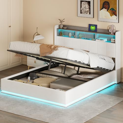 MOTUZP Polsterbett 160x200 cm, Doppelbett mit Hydraulischem Stauraum, LED Kopfteil mit Staufach und USB Ladefunktion, Funktionsbetten Bettgestell Boxspringbett, Ohne Matratze (Weiß-E)